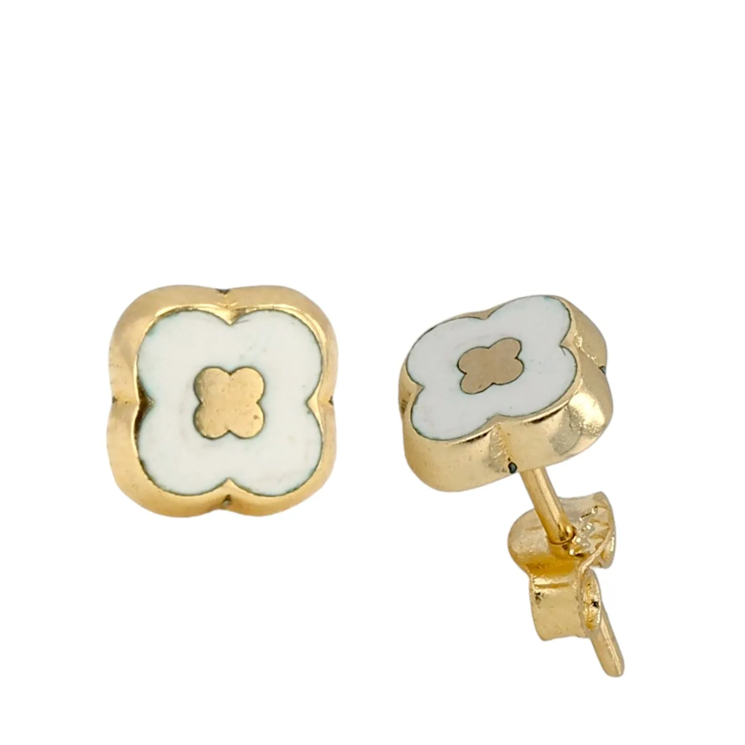 14K Yellow gold white clover studs earrings-45286