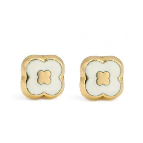 14K Yellow gold white clover studs earrings-45286