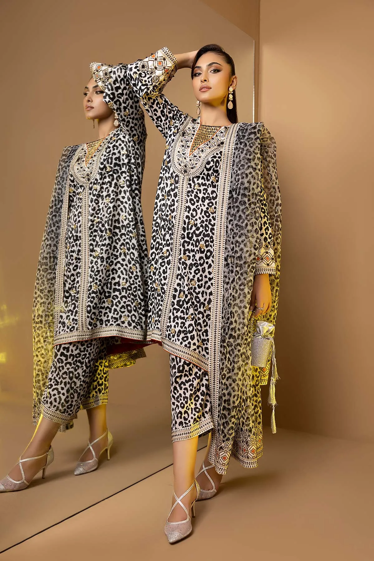 3-Pc Embroidered Printed Raw Silk Shirt With Organza Duppata and Qlot Trouser STM22-13