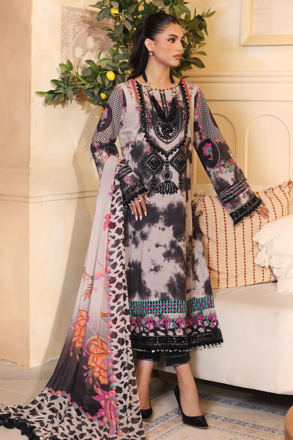 3-Pc Unstitched Printed Embroidered Lawn Shirt With Printed Chiffon Dupatta CRS4-06