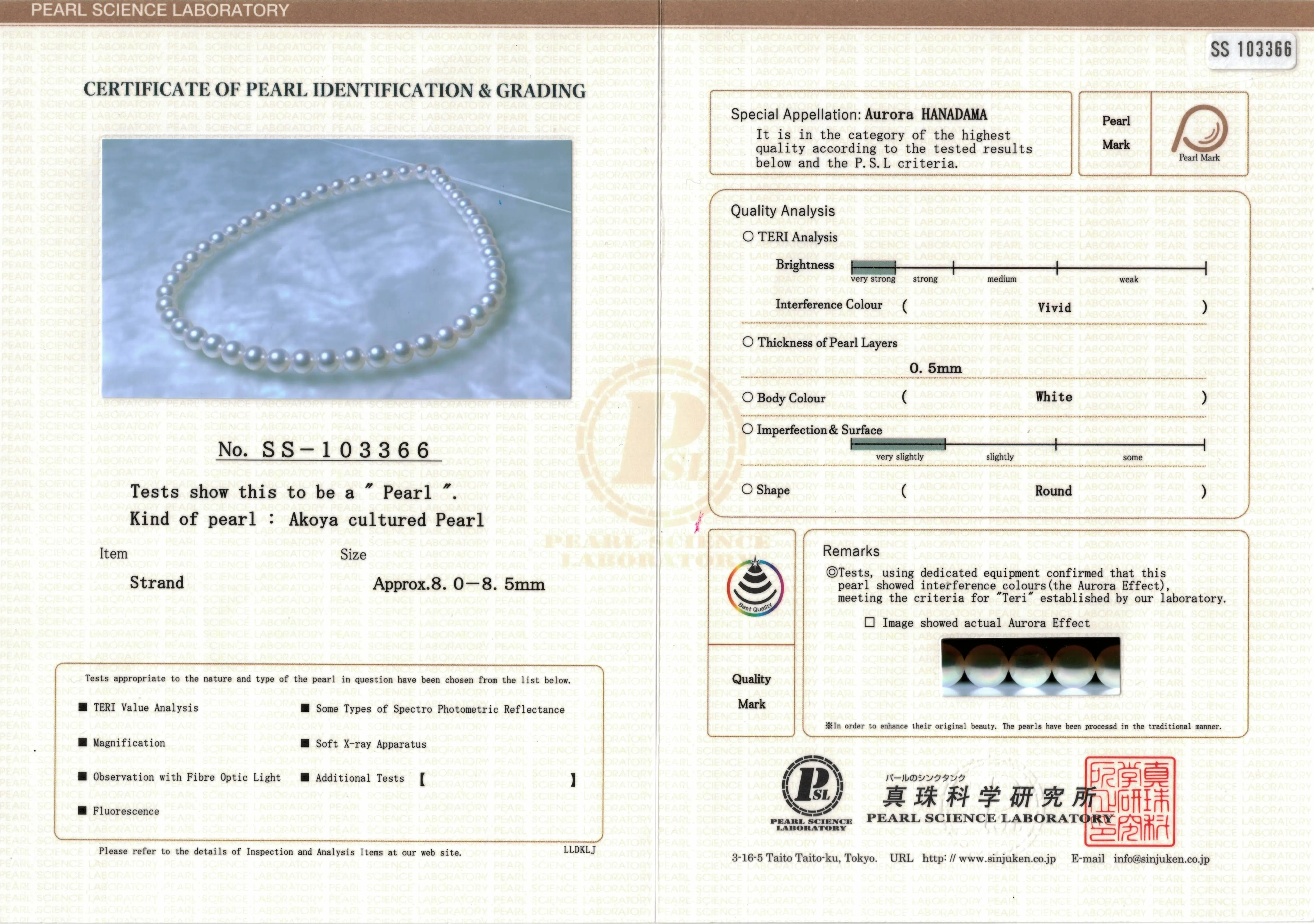 8.0-8.5 mm Hanadama Akoya Strand - PSL Certificate SS-103366