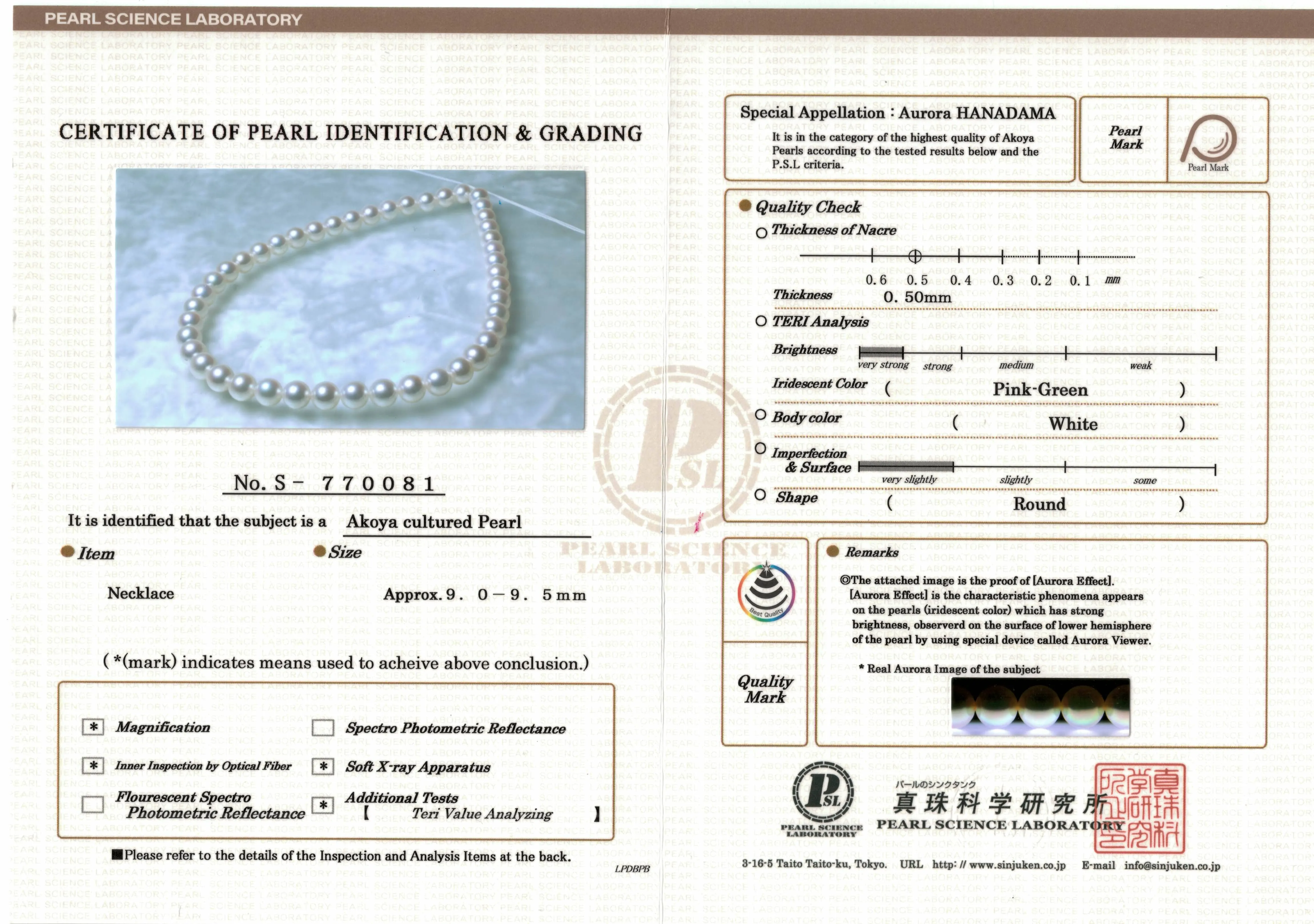 9.0-9.5 mm Hanadama Akoya Strand - PSL Certificate S-770081