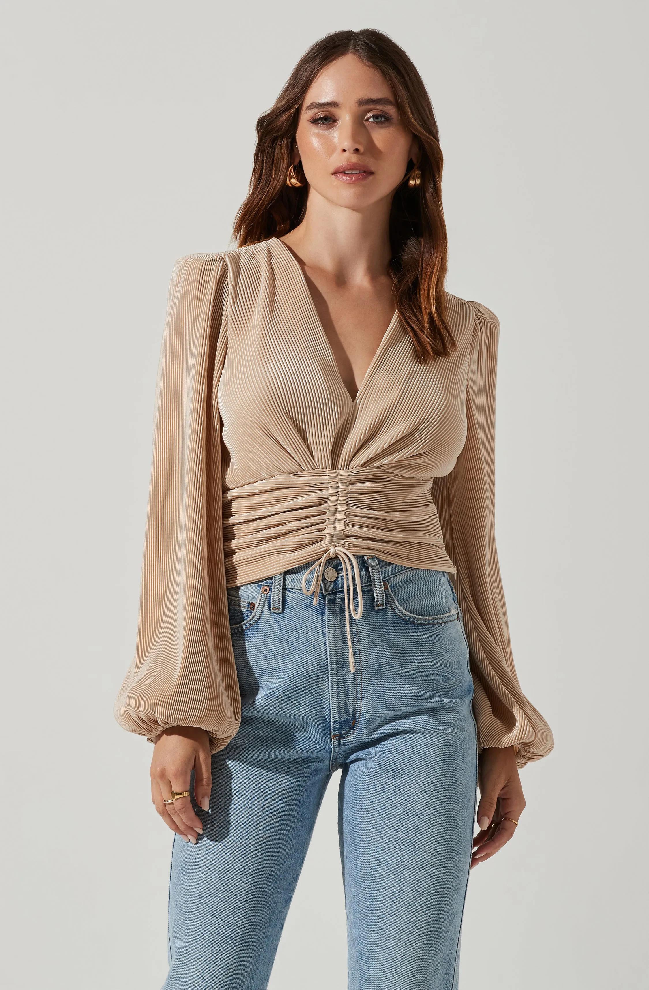 Braydon Pleated Ruched Front Long Sleeve Top