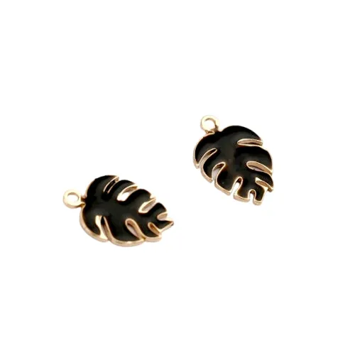 Charms, Monstera Leaf, Black, Enameled, Brass, 13mm