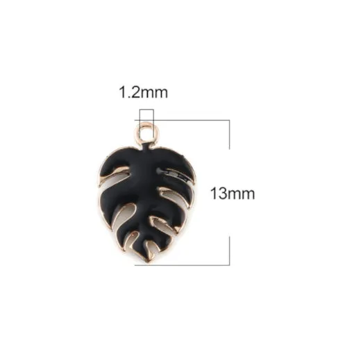 Charms, Monstera Leaf, Black, Enameled, Brass, 13mm