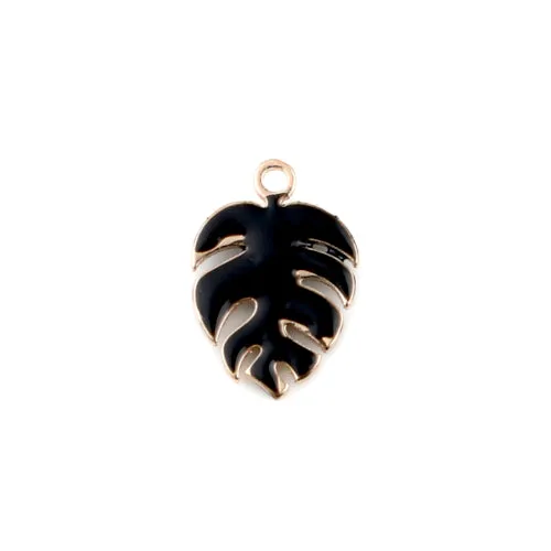 Charms, Monstera Leaf, Black, Enameled, Brass, 13mm