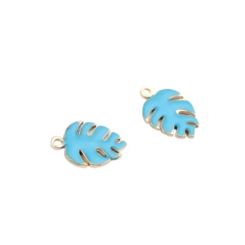 Charms, Monstera Leaf, Blue, Enameled, Brass, 13mm