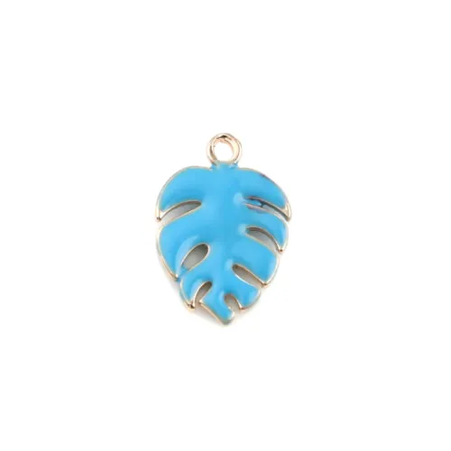 Charms, Monstera Leaf, Blue, Enameled, Brass, 13mm