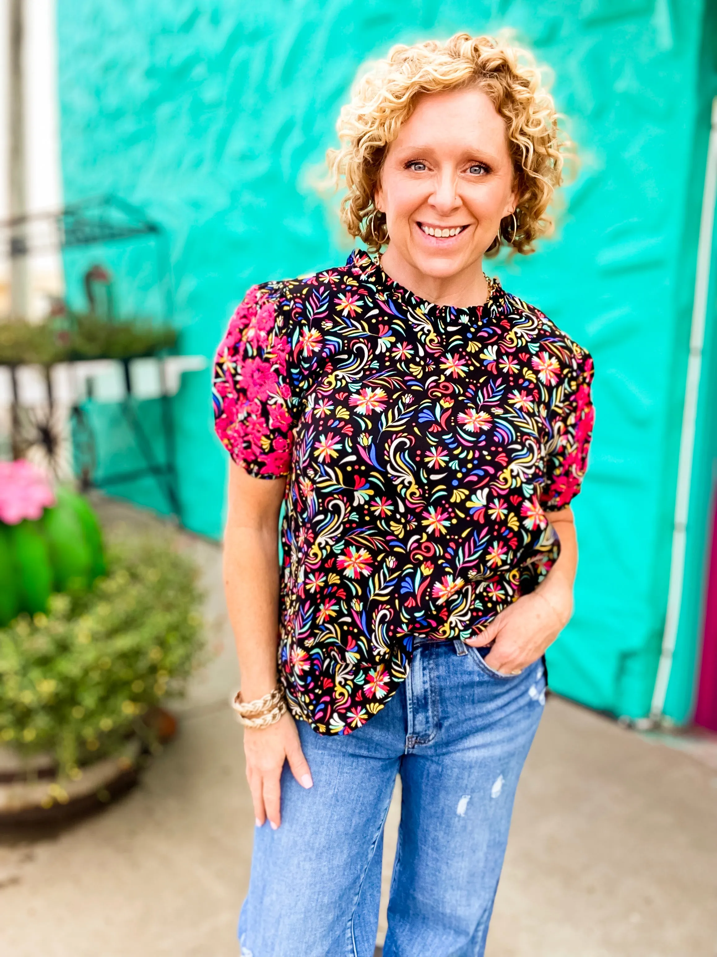 Embroidered Printed Ruffle Top