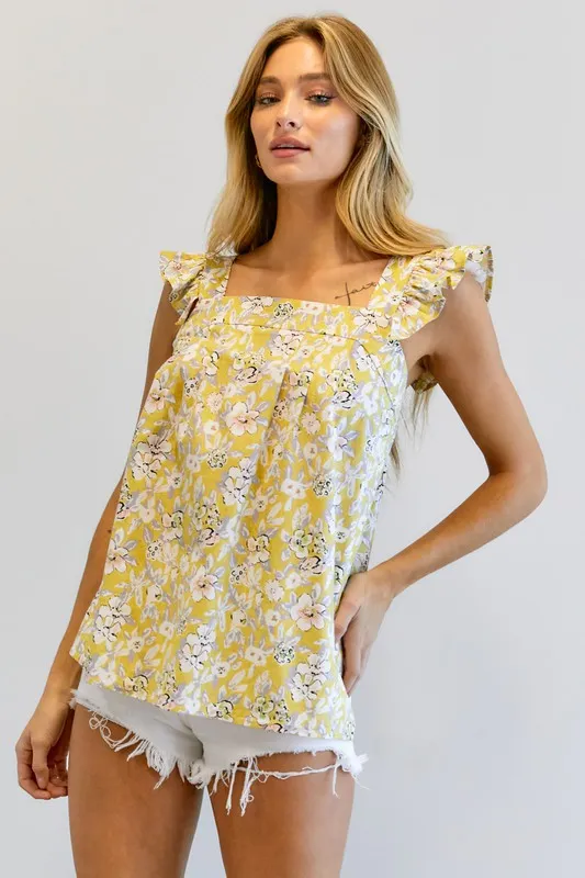 FLORAL PRINTED RUFFLE SLEEVELESS TOP