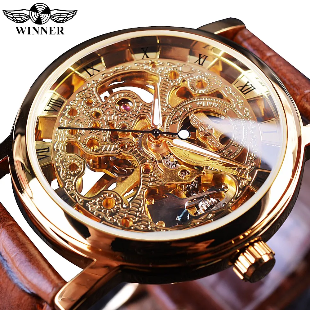 Golden Case Luxury Casual Design Brown Leather Strap Men Watches