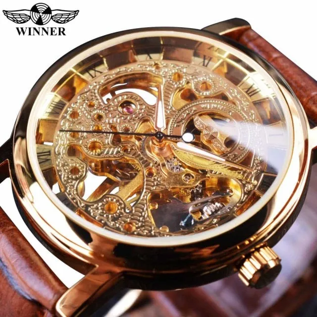 Golden Case Luxury Casual Design Brown Leather Strap Men Watches