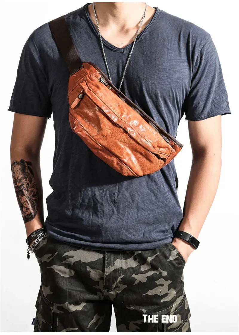 Men's Casual Vintage Style Genuine Cowhide Leather Waterproof Chest Bag