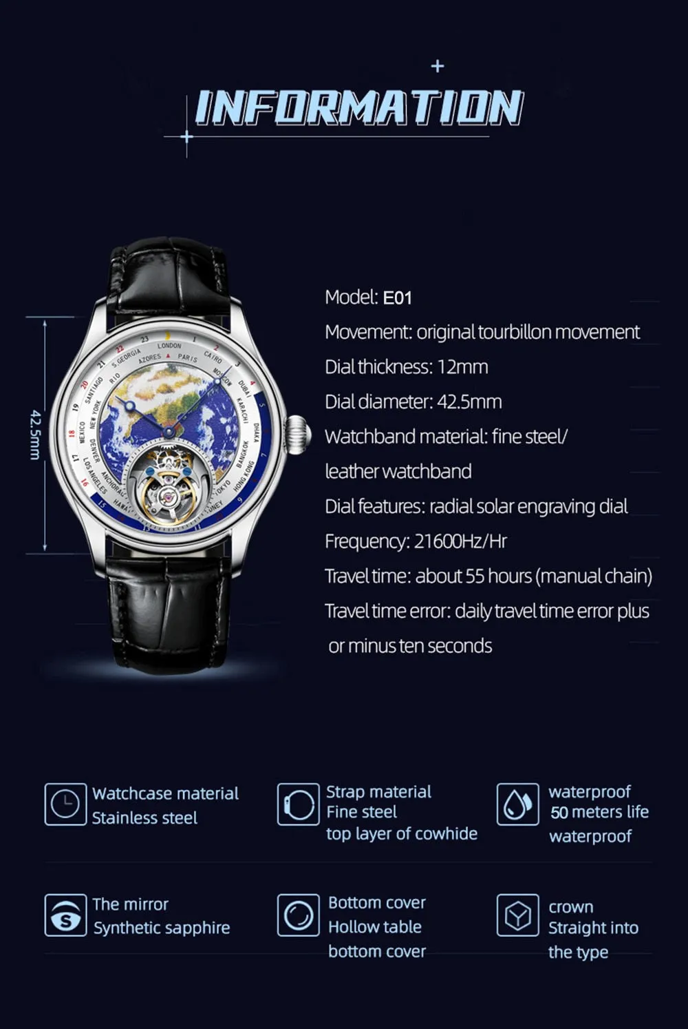 Men's Luxury Business Casual Sapphire Flying Tourbillon Mechanical Watch