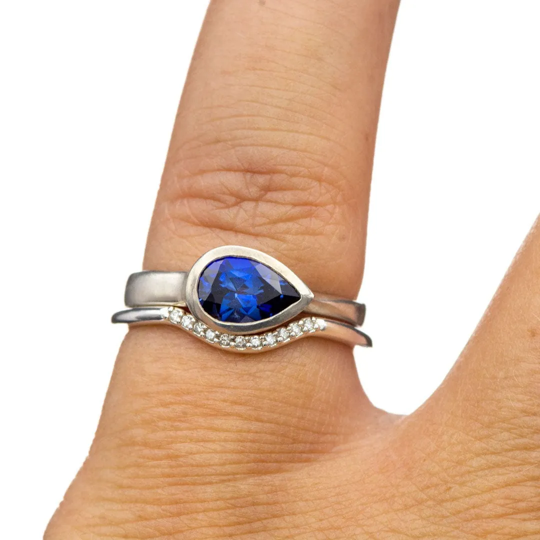 Pear Genuine Blue Sapphire Tear Drop Bezel Solitaire Engagement Ring