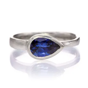 Pear Genuine Blue Sapphire Tear Drop Bezel Solitaire Engagement Ring