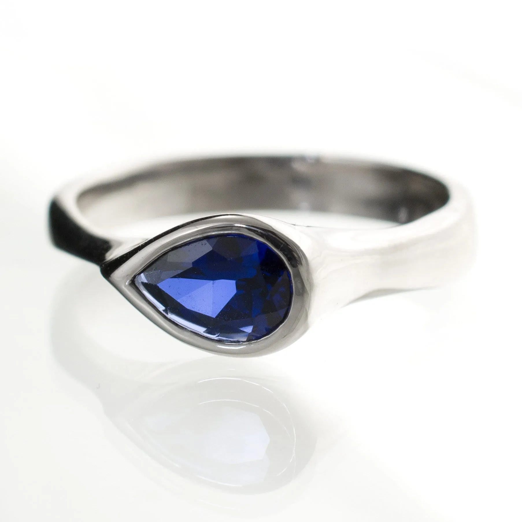 Pear Genuine Blue Sapphire Tear Drop Bezel Solitaire Engagement Ring