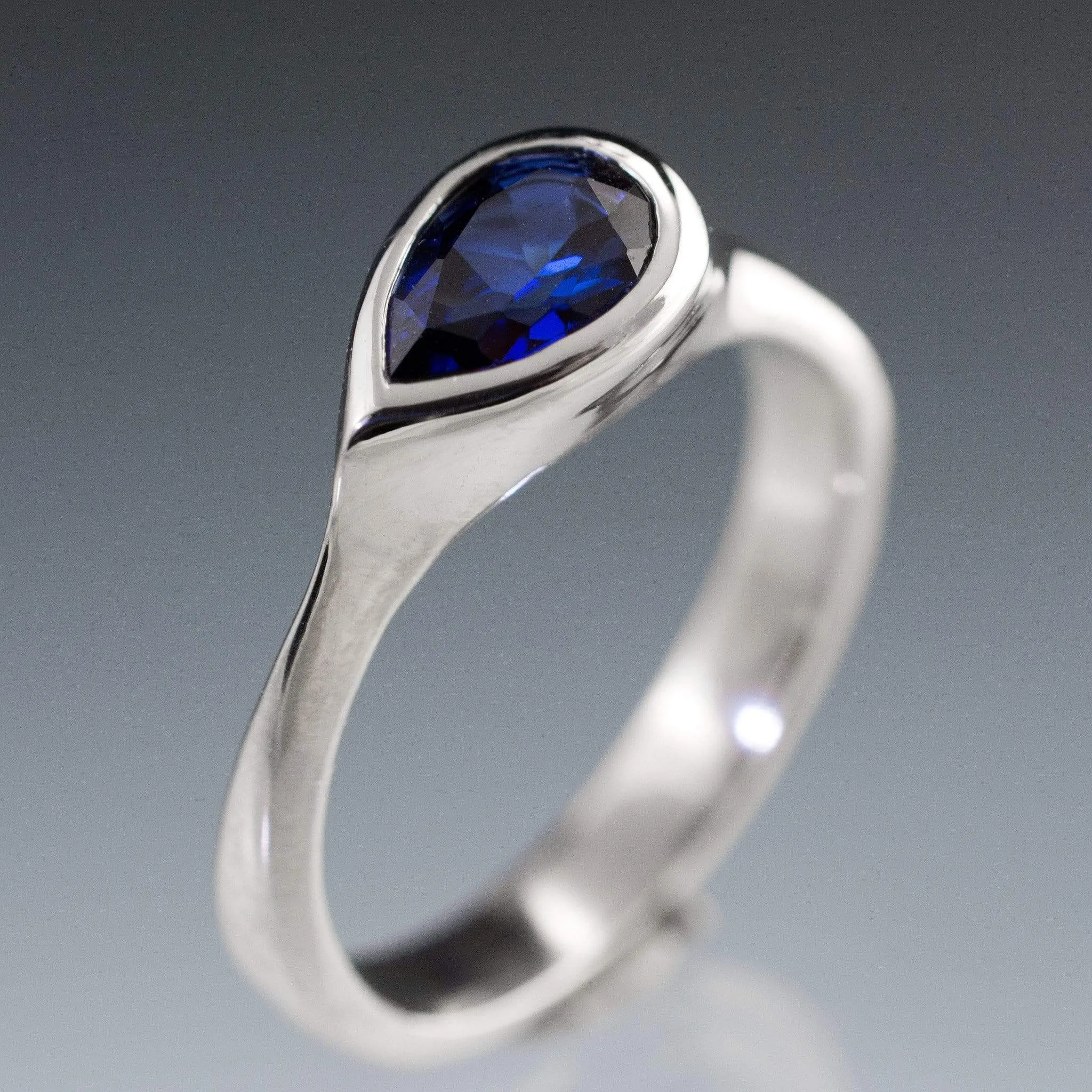 Pear Genuine Blue Sapphire Tear Drop Bezel Solitaire Engagement Ring