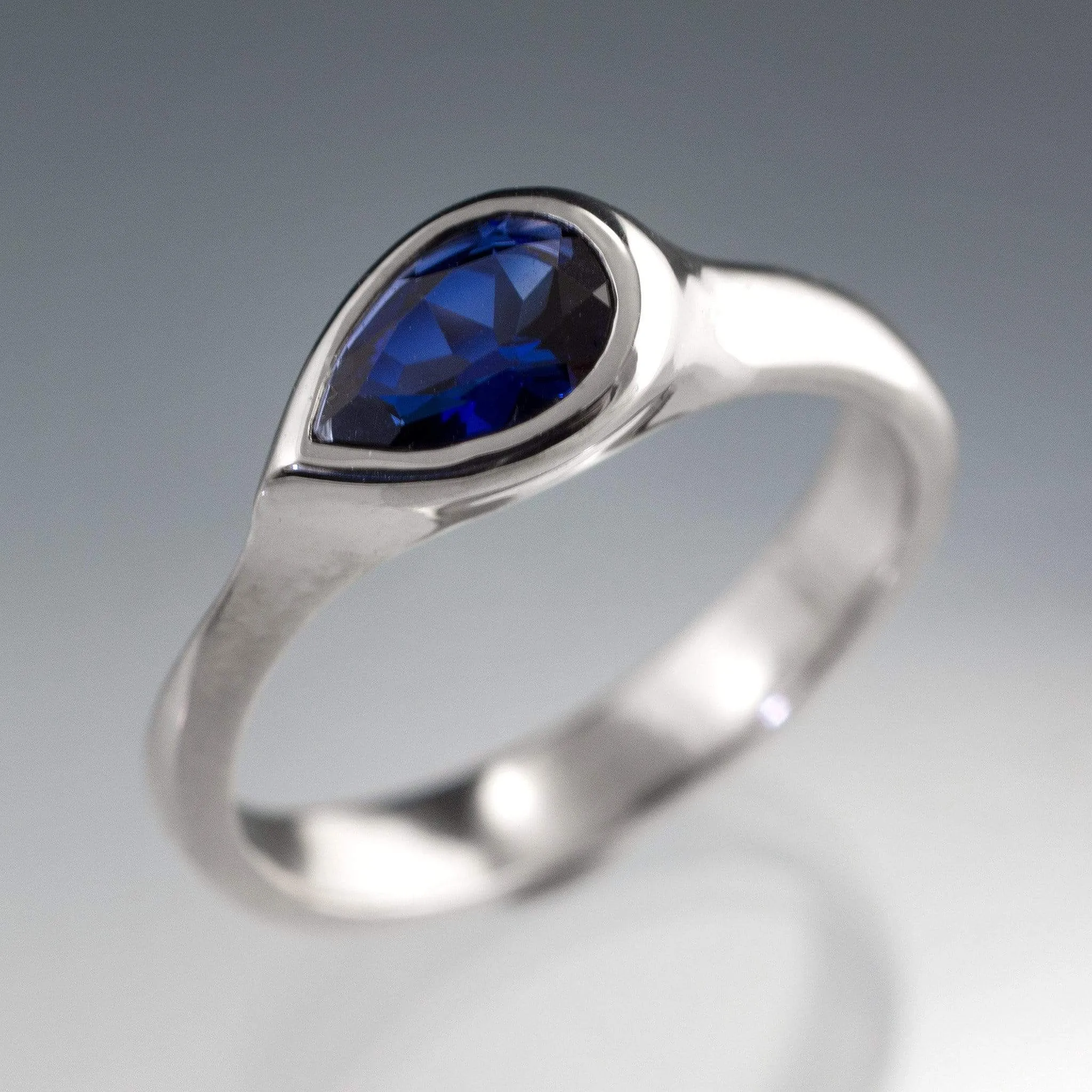 Pear Genuine Blue Sapphire Tear Drop Bezel Solitaire Engagement Ring