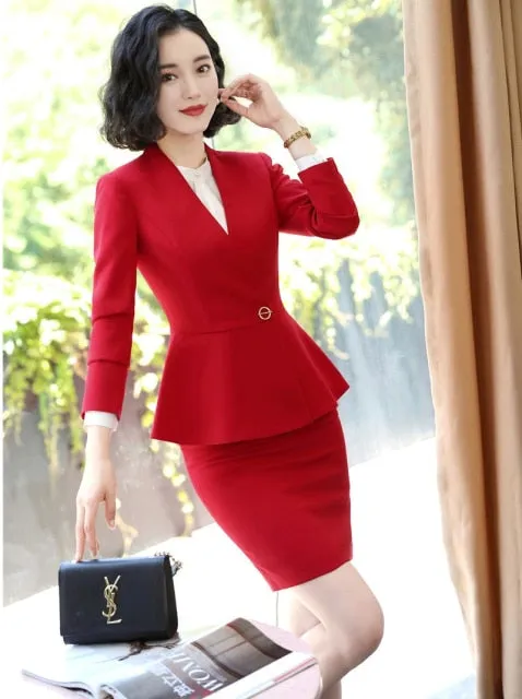 Red Slim Fashion Professional Business Suits with Skirt and Top for Women