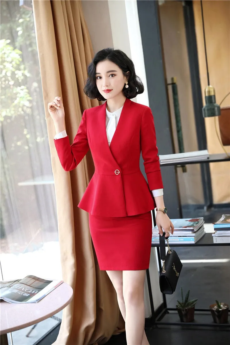 Red Slim Fashion Professional Business Suits with Skirt and Top for Women