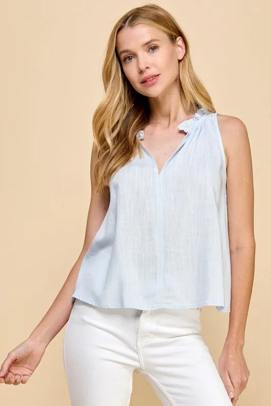 RUFFLE NECK LINEN BLEND TANK