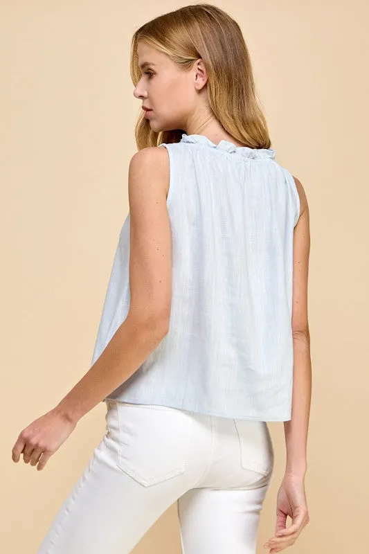 RUFFLE NECK LINEN BLEND TANK