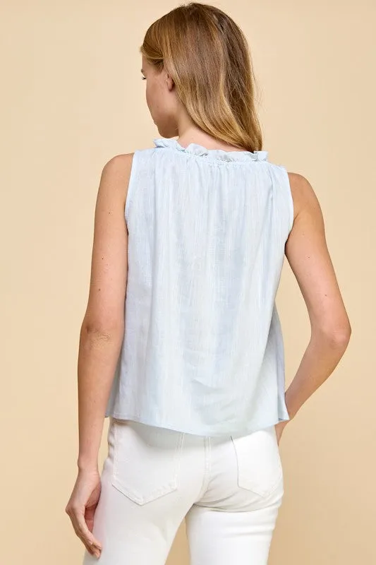 RUFFLE NECK LINEN BLEND TANK