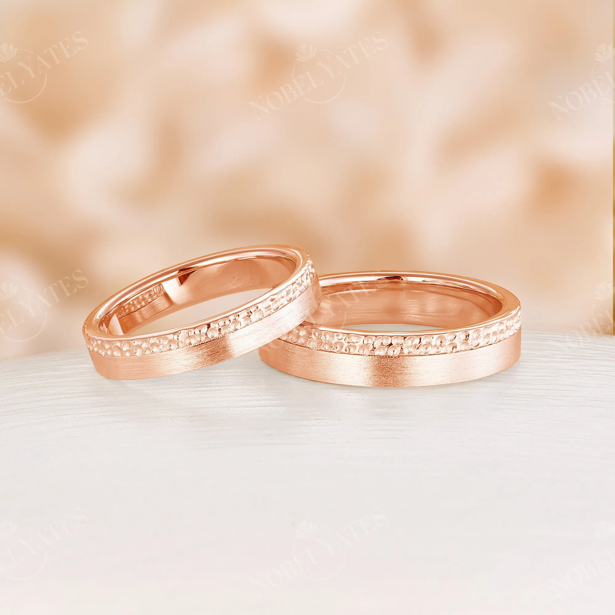 Unique Hammered Plain Wedding Couple Ring Rose Gold