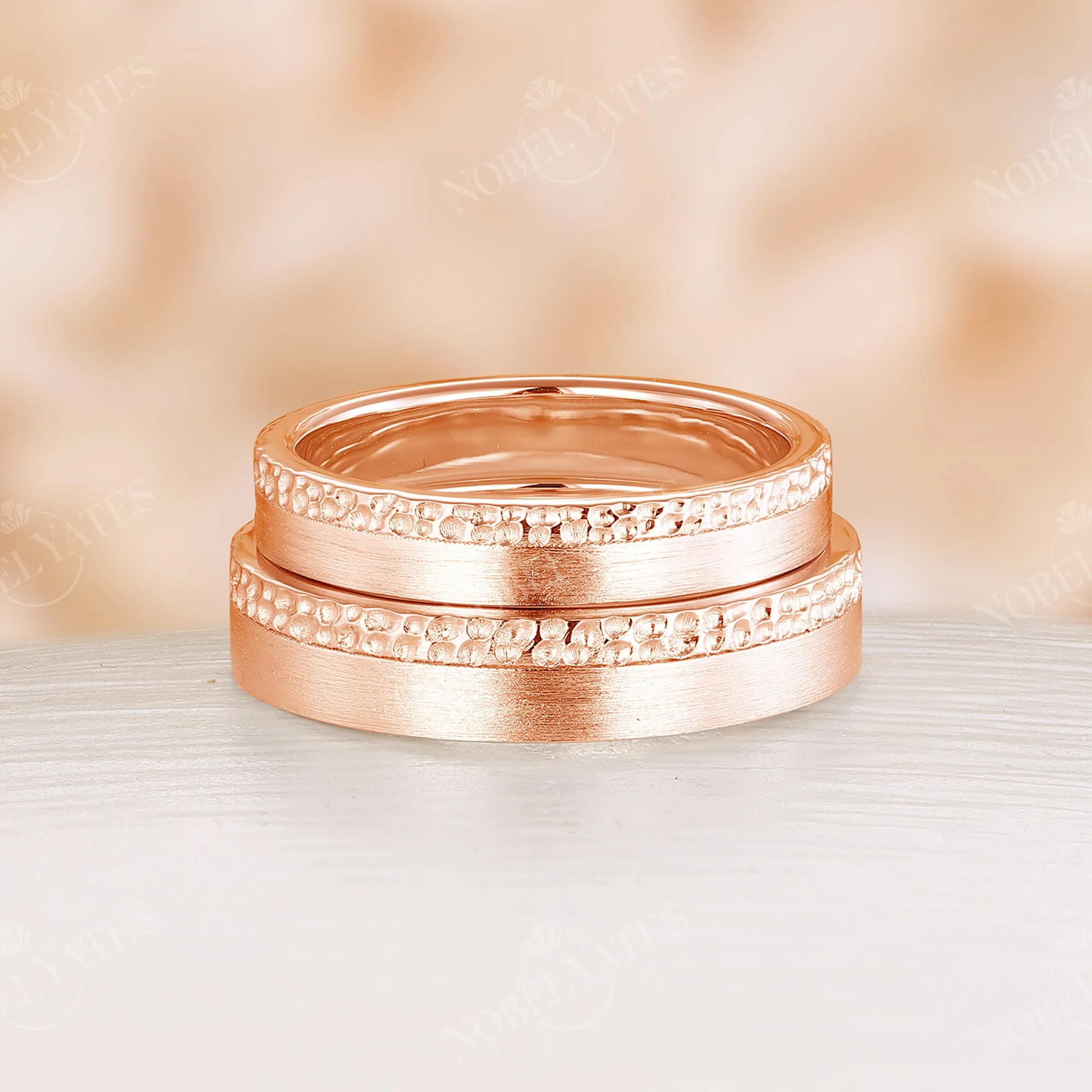 Unique Hammered Plain Wedding Couple Ring Rose Gold