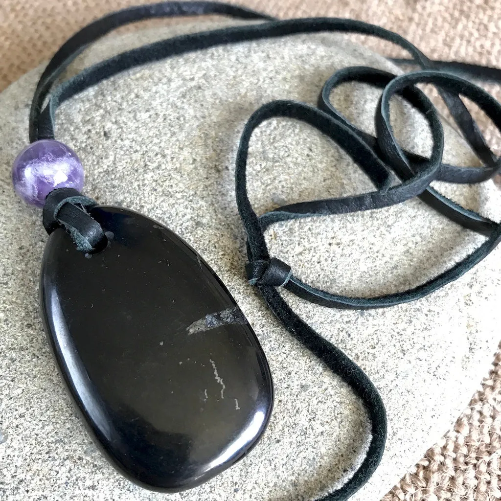 Unique Shungite Medallion with Amethyst Bead