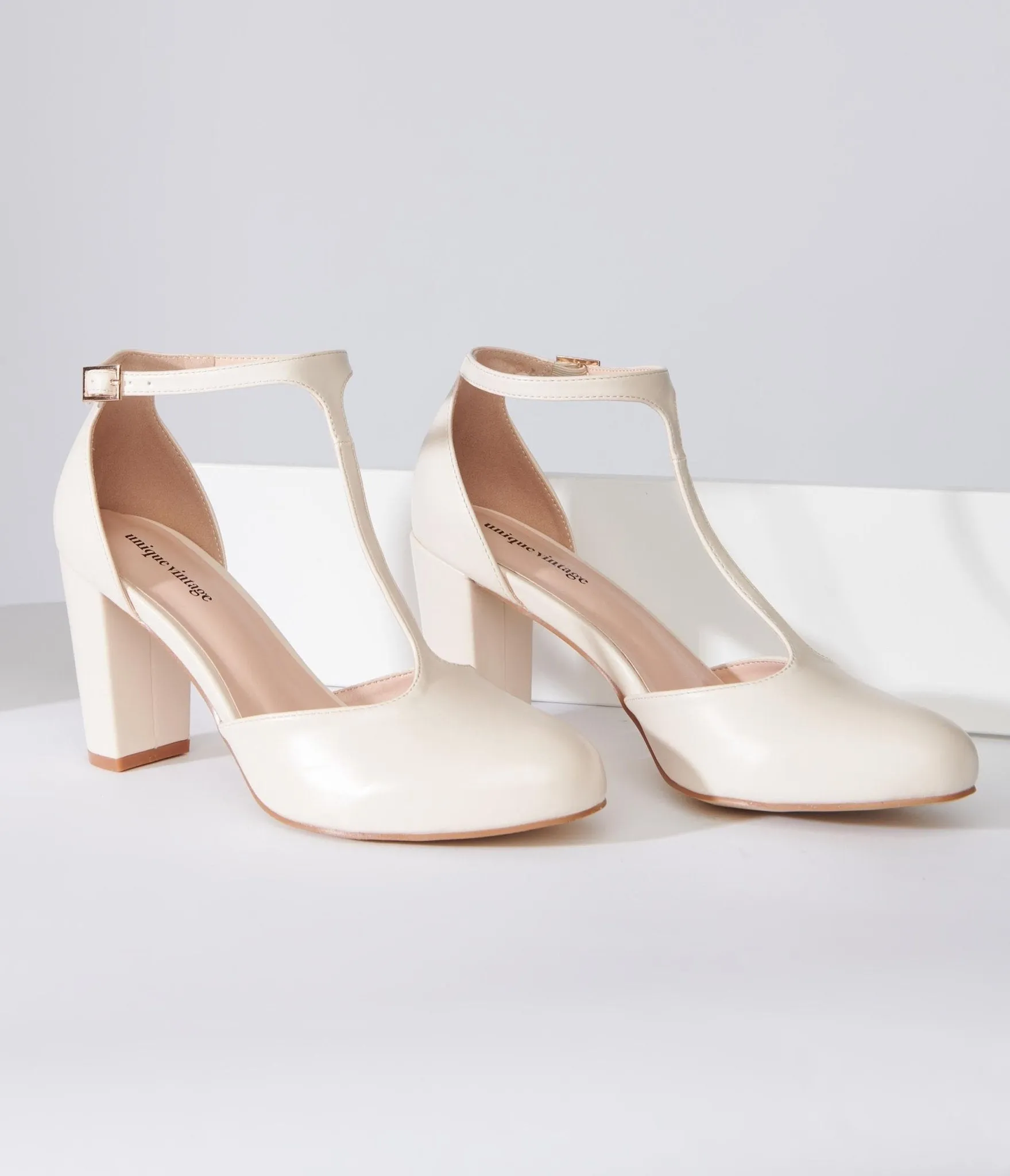 Unique Vintage 1920s Beige Leatherette T-Strap Astaire Pumps