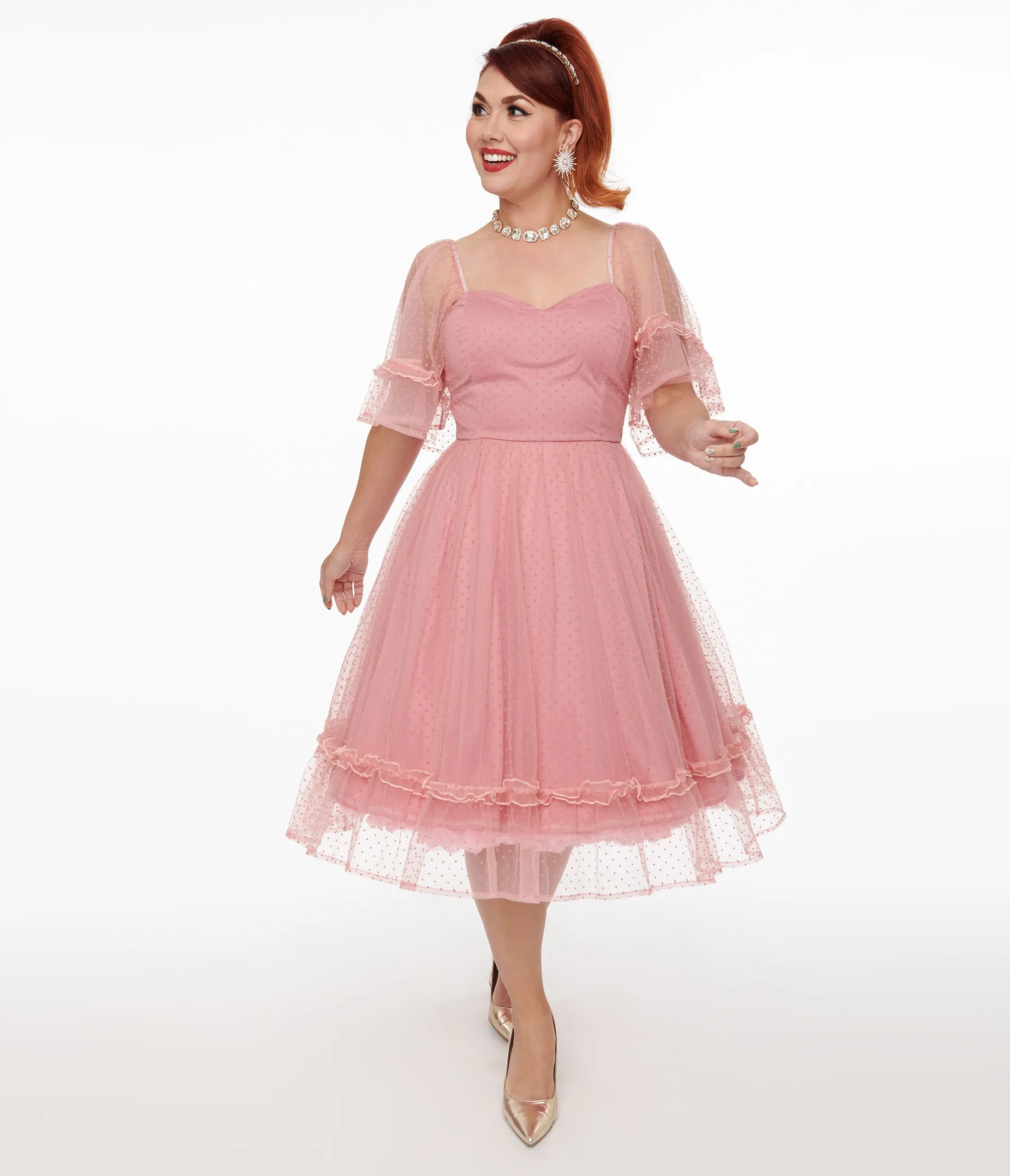 Unique Vintage 1950s Rose Ruffle Sweetheart Swing Dress