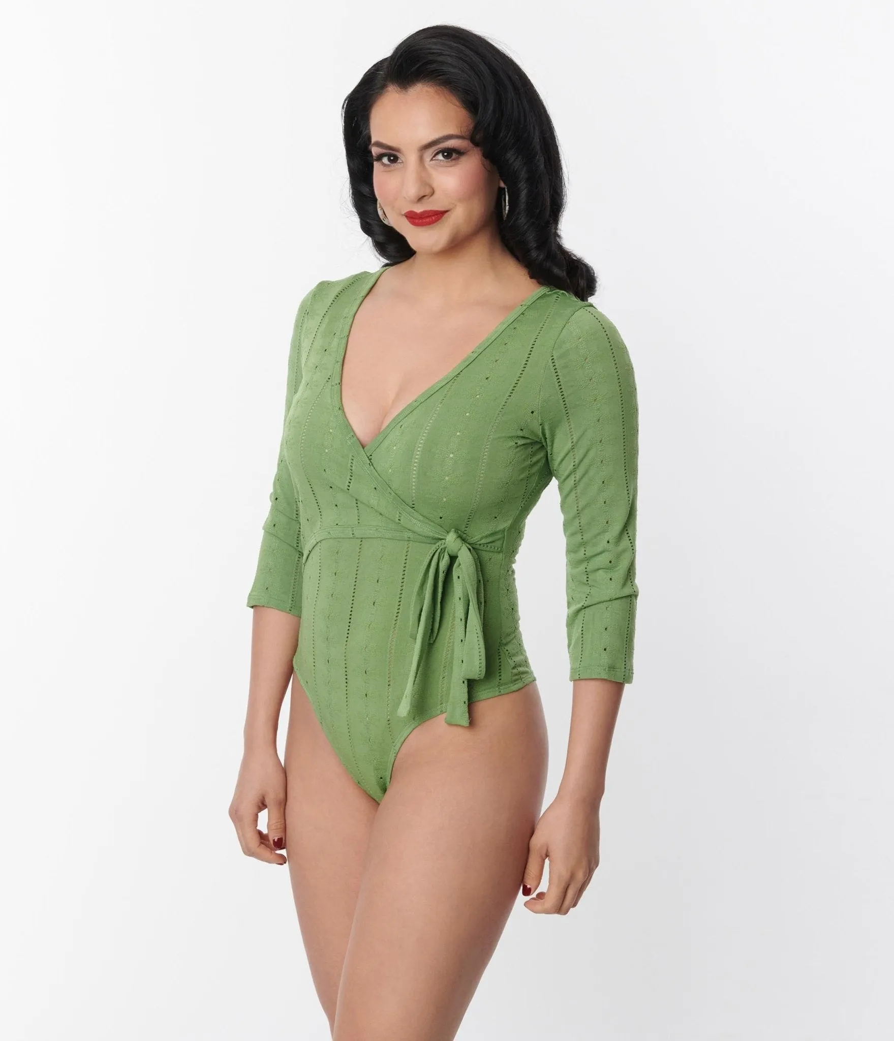 Unique Vintage 1970s Green Eyelet Surplice Bodysuit