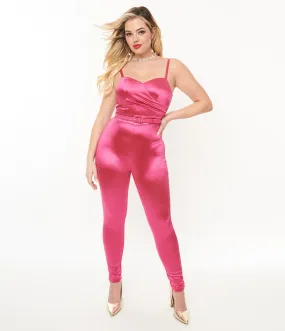 Unique Vintage 1970s Hot Pink Spandex Belted Jumpsuit