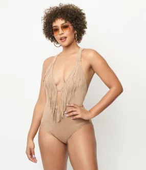 Unique Vintage 1970s Tan Suede Fringe Swimsuit