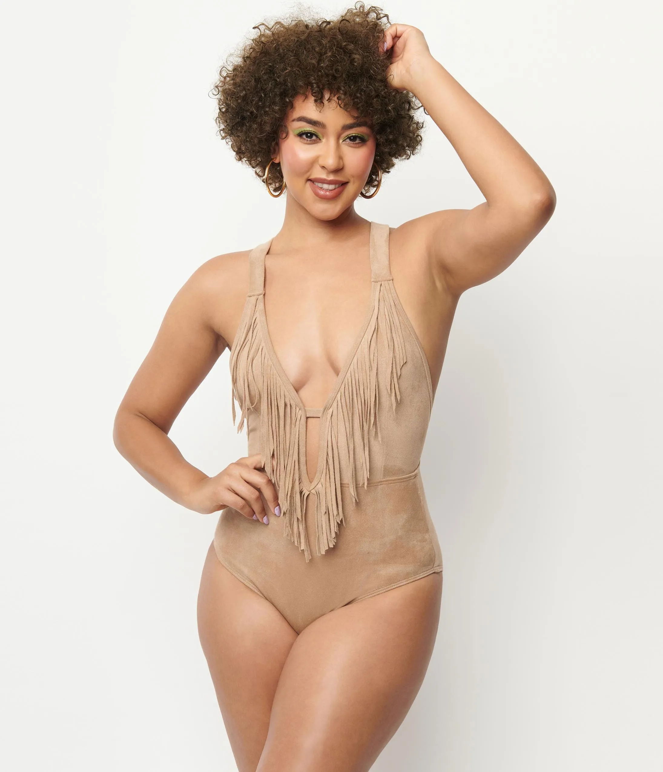 Unique Vintage 1970s Tan Suede Fringe Swimsuit