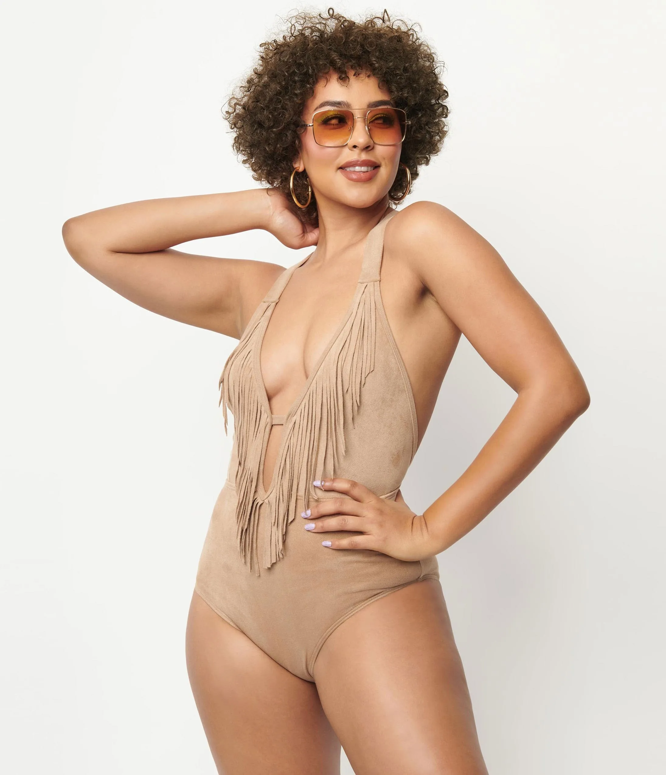 Unique Vintage 1970s Tan Suede Fringe Swimsuit