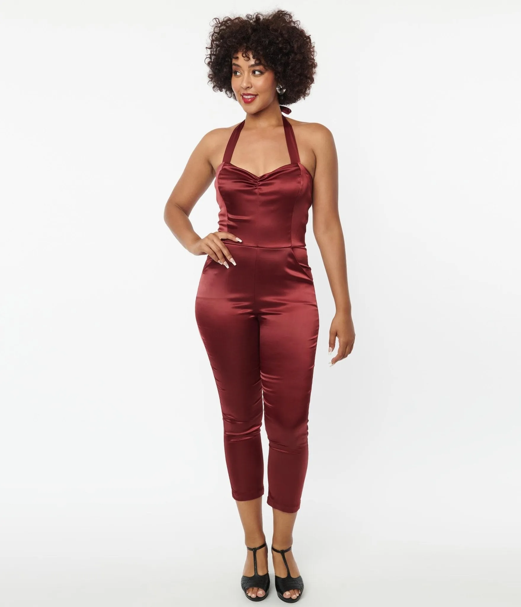 Unique Vintage 1970s Wine Satin Marcel Jumpsuit