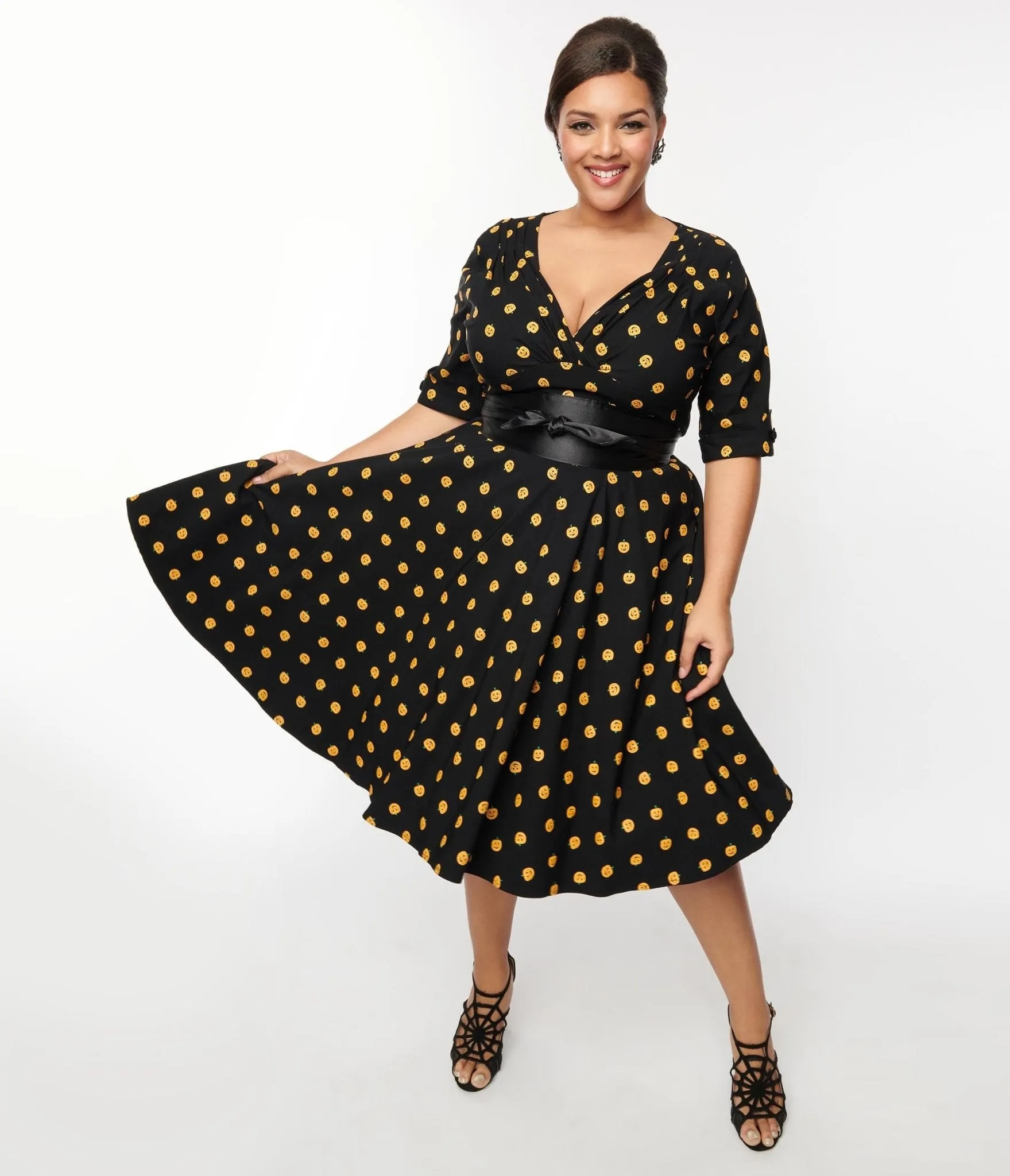 Unique Vintage Black & Pumpkin Delores Swing Dress