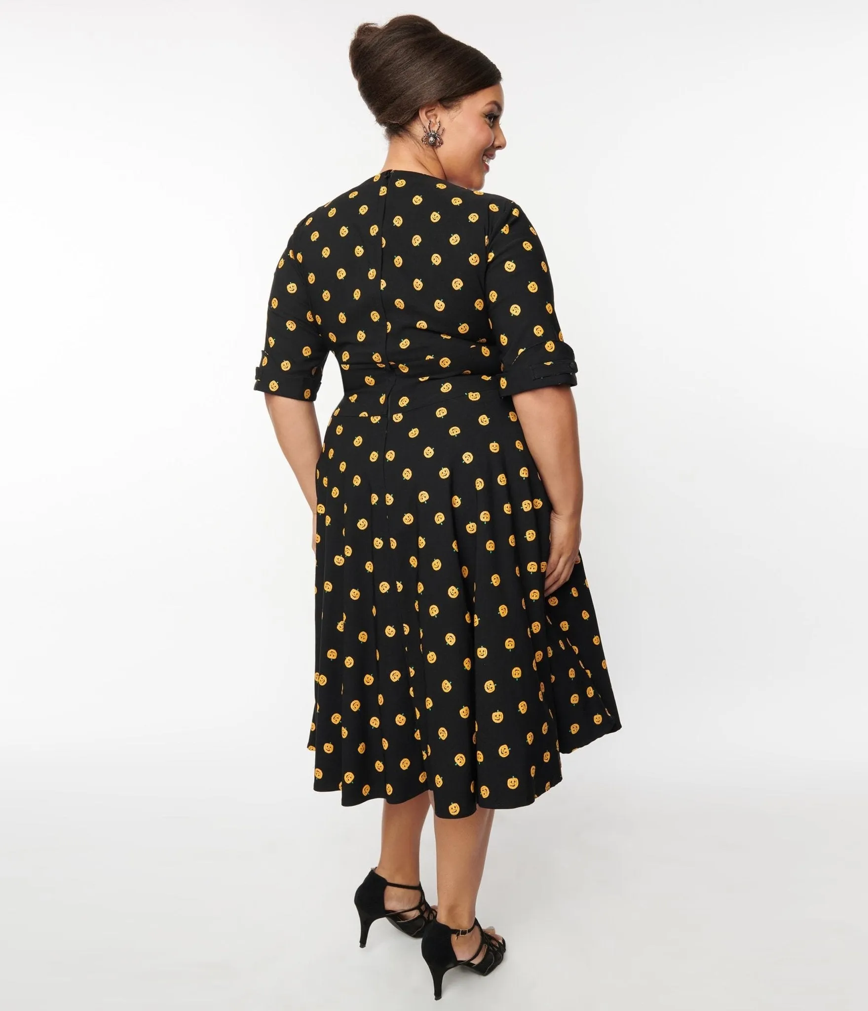 Unique Vintage Black & Pumpkin Delores Swing Dress