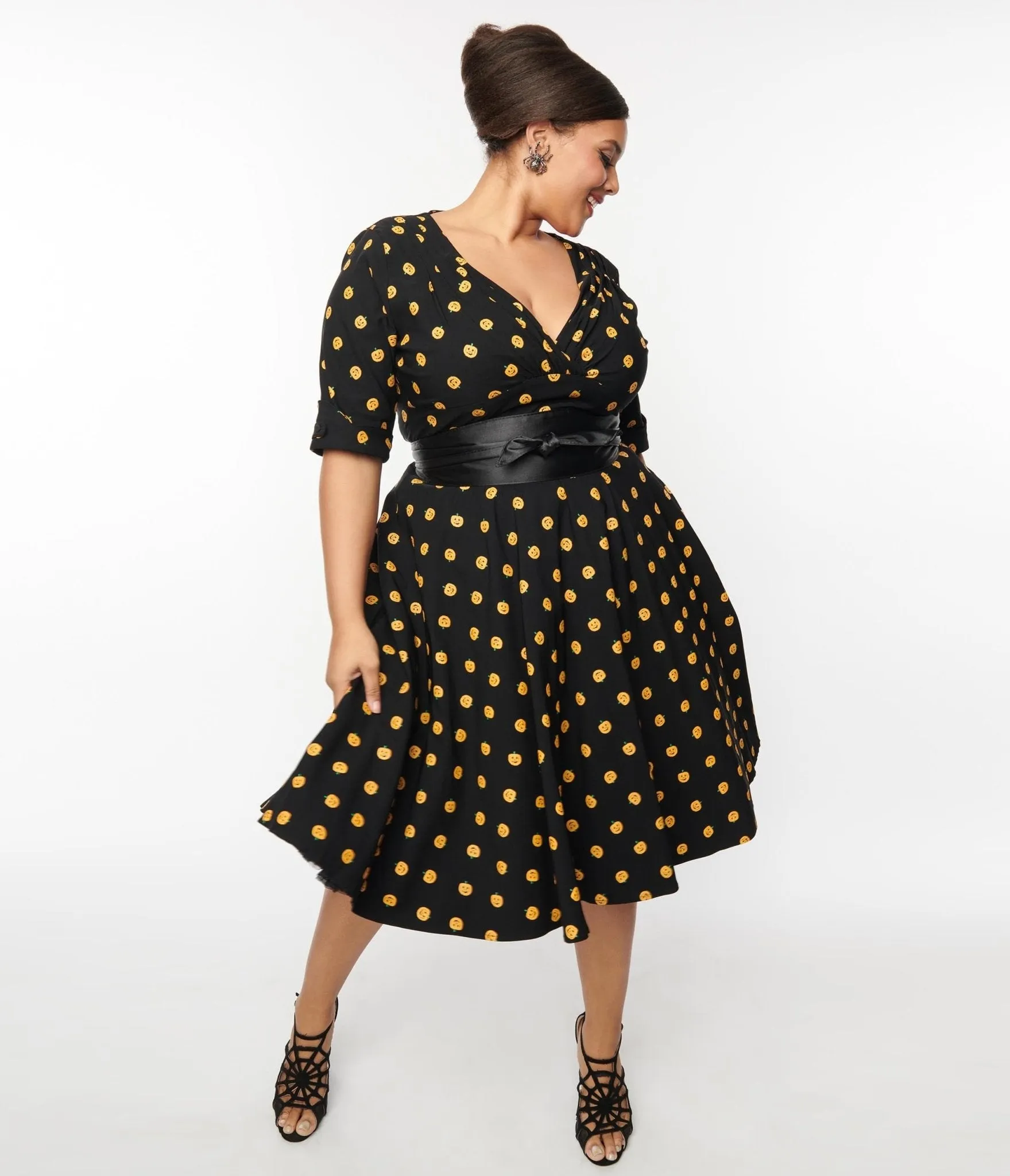 Unique Vintage Black & Pumpkin Delores Swing Dress