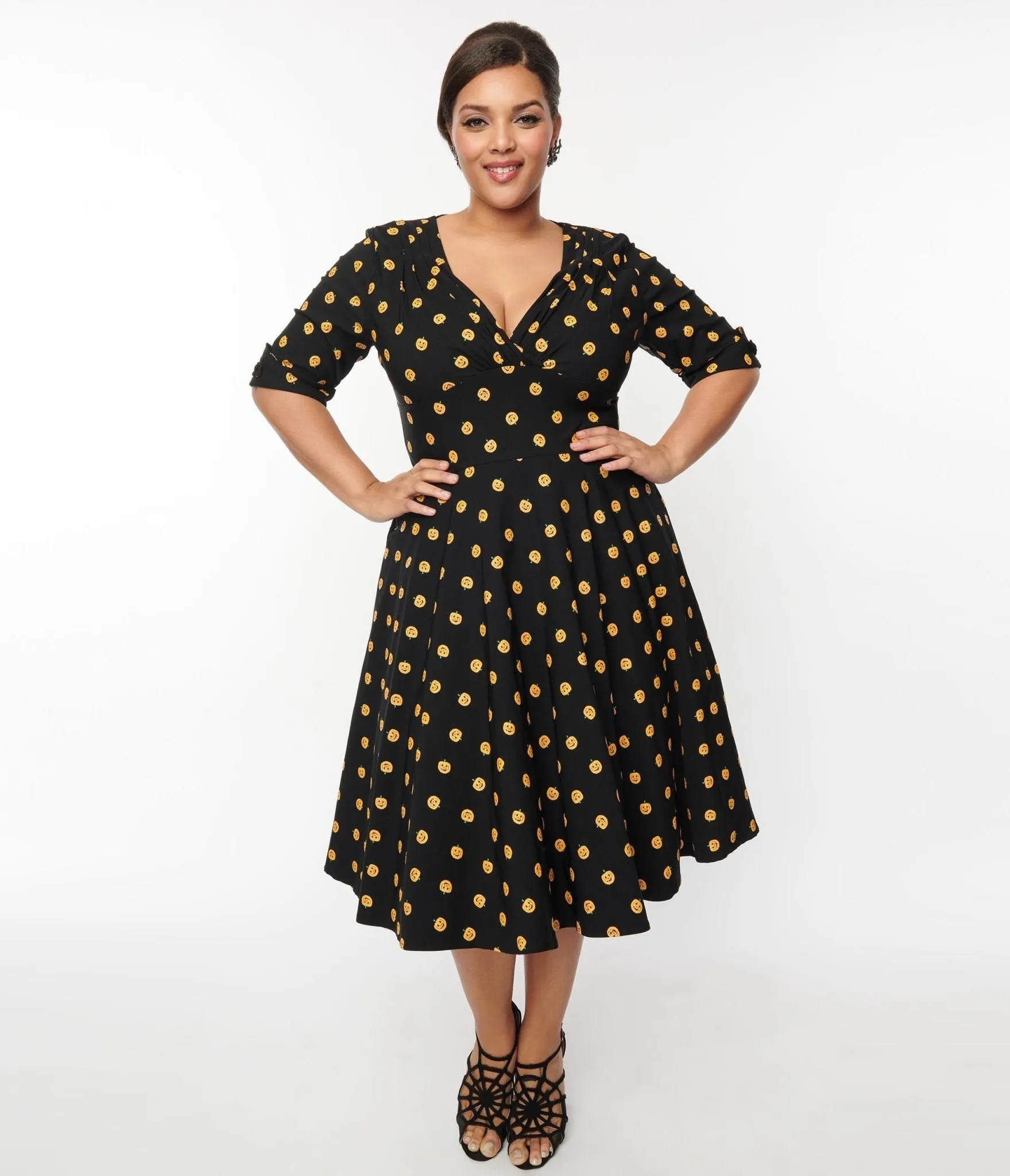 Unique Vintage Black & Pumpkin Delores Swing Dress