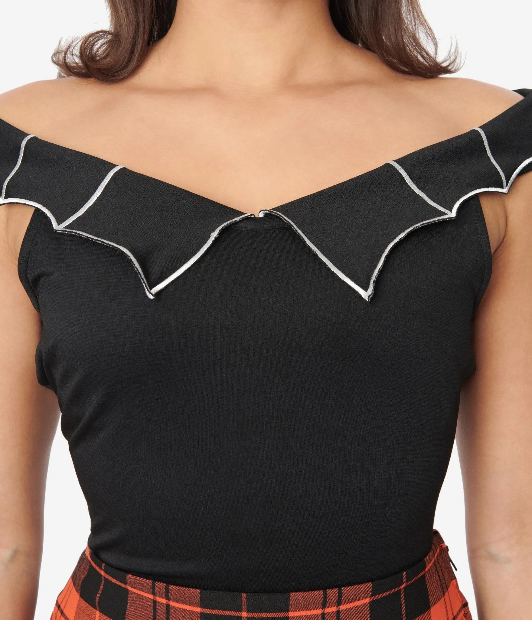 Unique Vintage Black & White Web Off the Shoulder Top