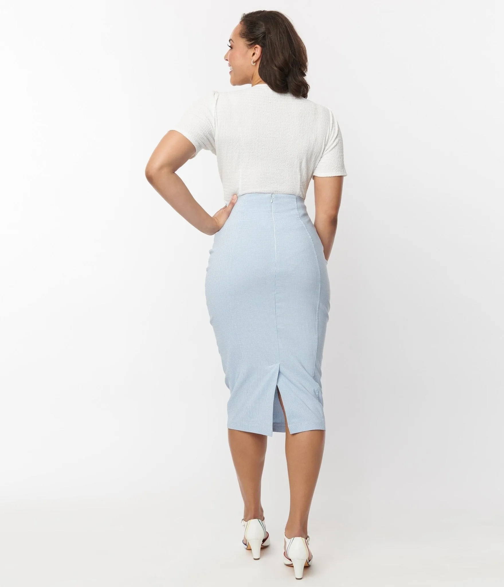 Unique Vintage Blue & White Gingham Sailor Sierra Pencil Skirt