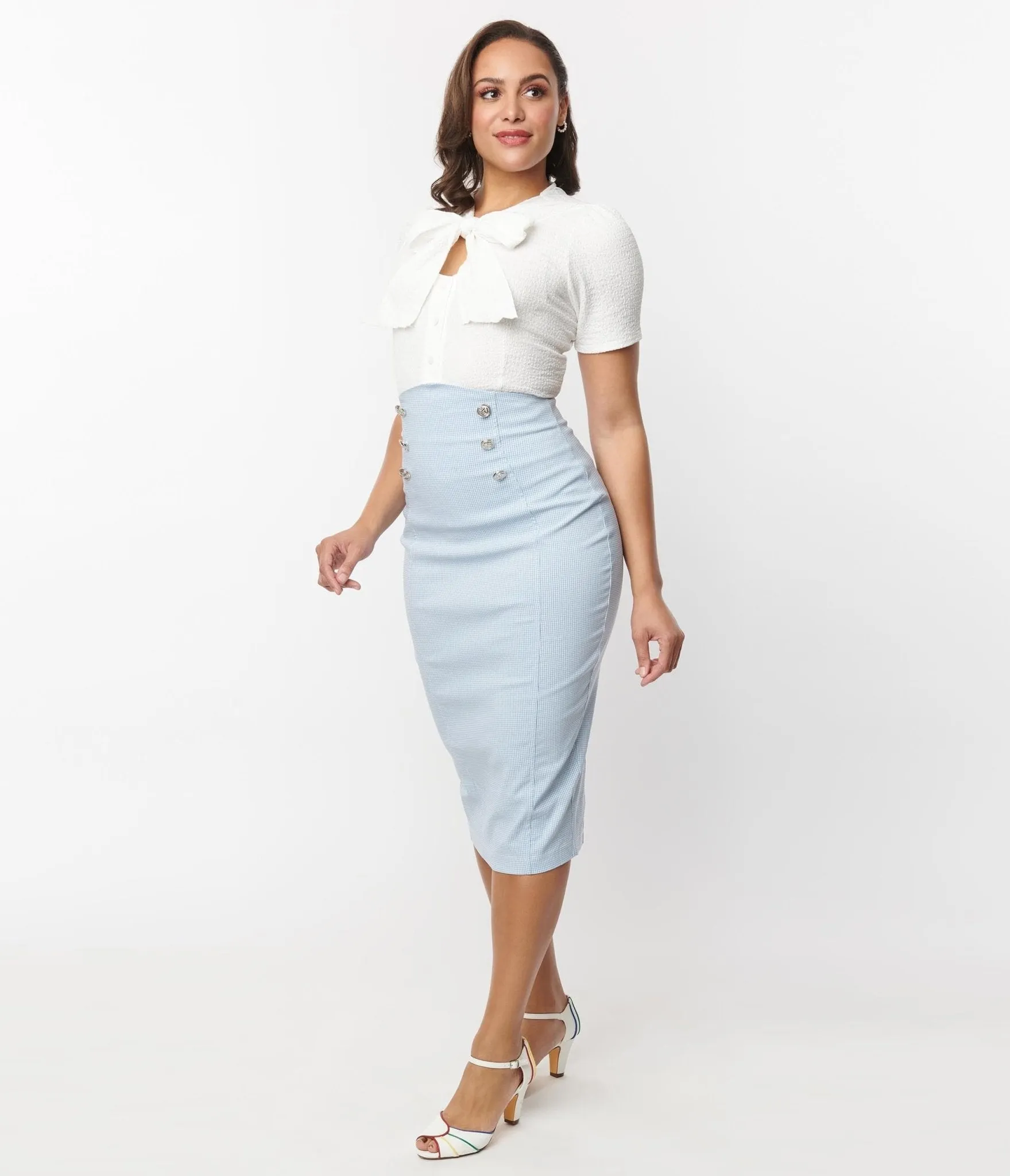 Unique Vintage Blue & White Gingham Sailor Sierra Pencil Skirt