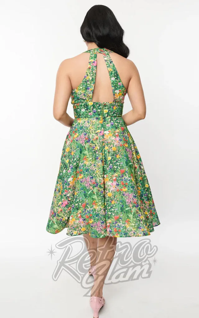 Unique Vintage Halter Swing Dress In Meadow Floral