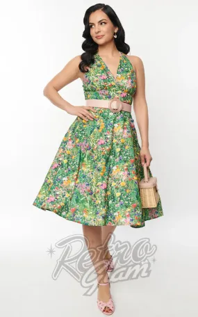 Unique Vintage Halter Swing Dress In Meadow Floral