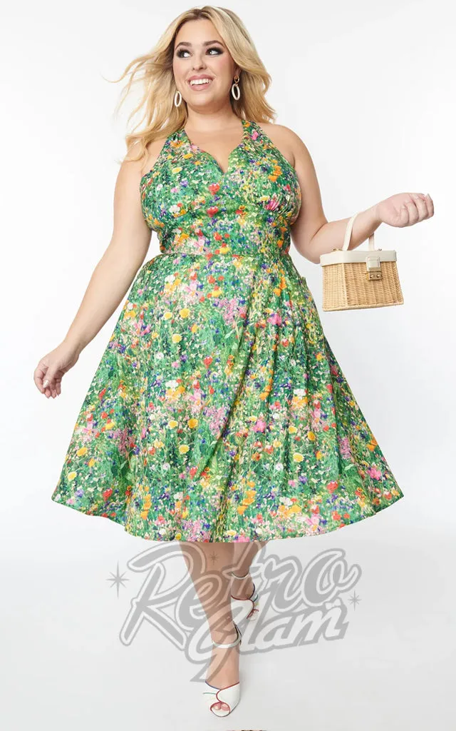 Unique Vintage Halter Swing Dress In Meadow Floral