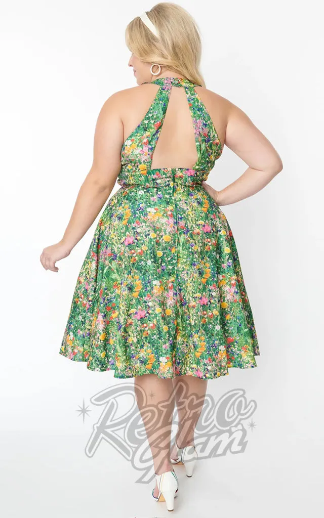 Unique Vintage Halter Swing Dress In Meadow Floral